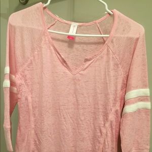 Pink v-neck shirt w/ stripes on sleeves
